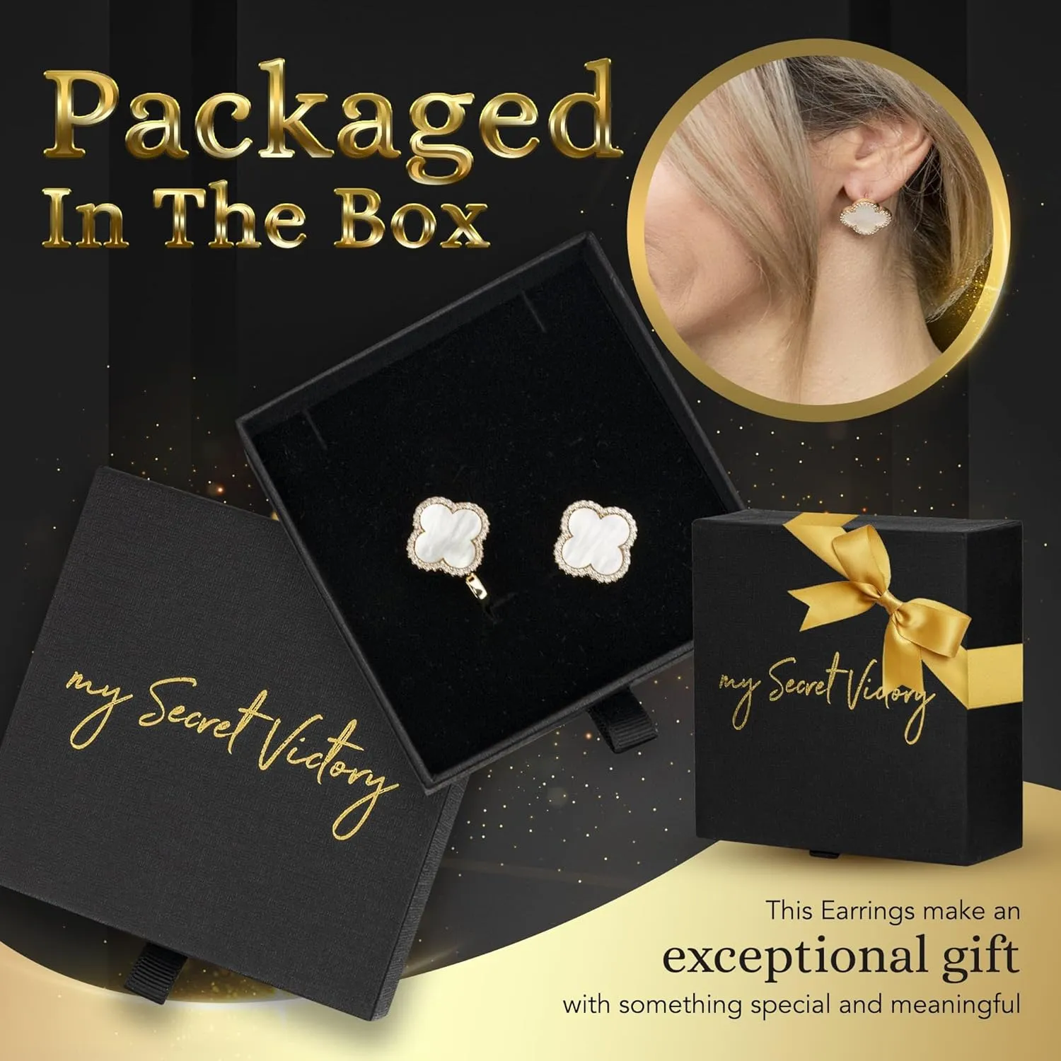 Four Leaf Clover Earrings 18K Gold Plated with Black Agate or Mother of Pearl & Cubic Zirconia | Classic English Lock | Tarnish-Resistant Jewelry for Women