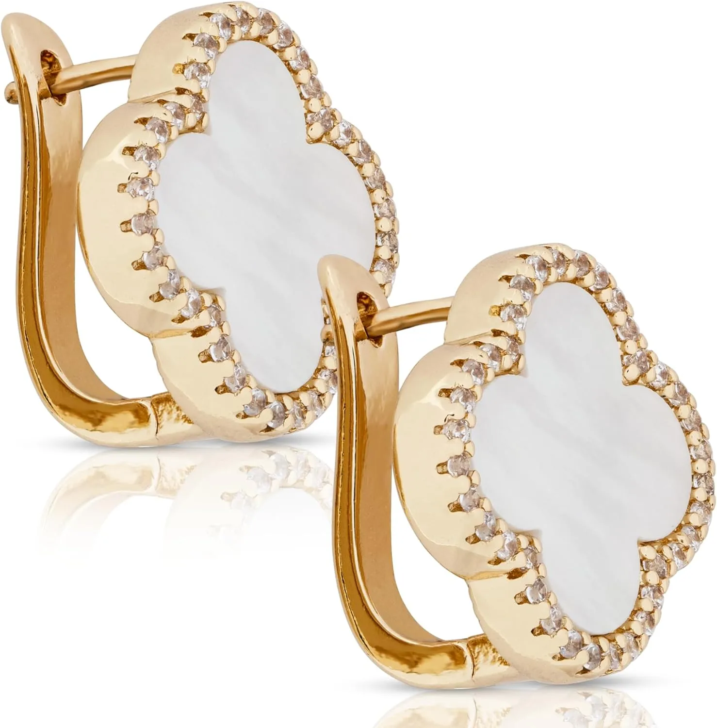 Four Leaf Clover Earrings 18K Gold Plated with Black Agate or Mother of Pearl & Cubic Zirconia | Classic English Lock | Tarnish-Resistant Jewelry for Women