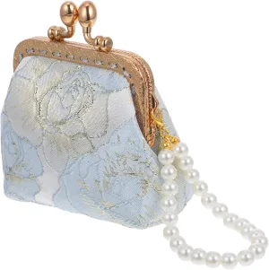FRCOLOR Vintage Floral Embroidered Evening Clutch with False Pearl Strap Elegant Coin Purse for Women Handbag for Formal Events and Special Occasions Chic Storage for Coins and Essentials