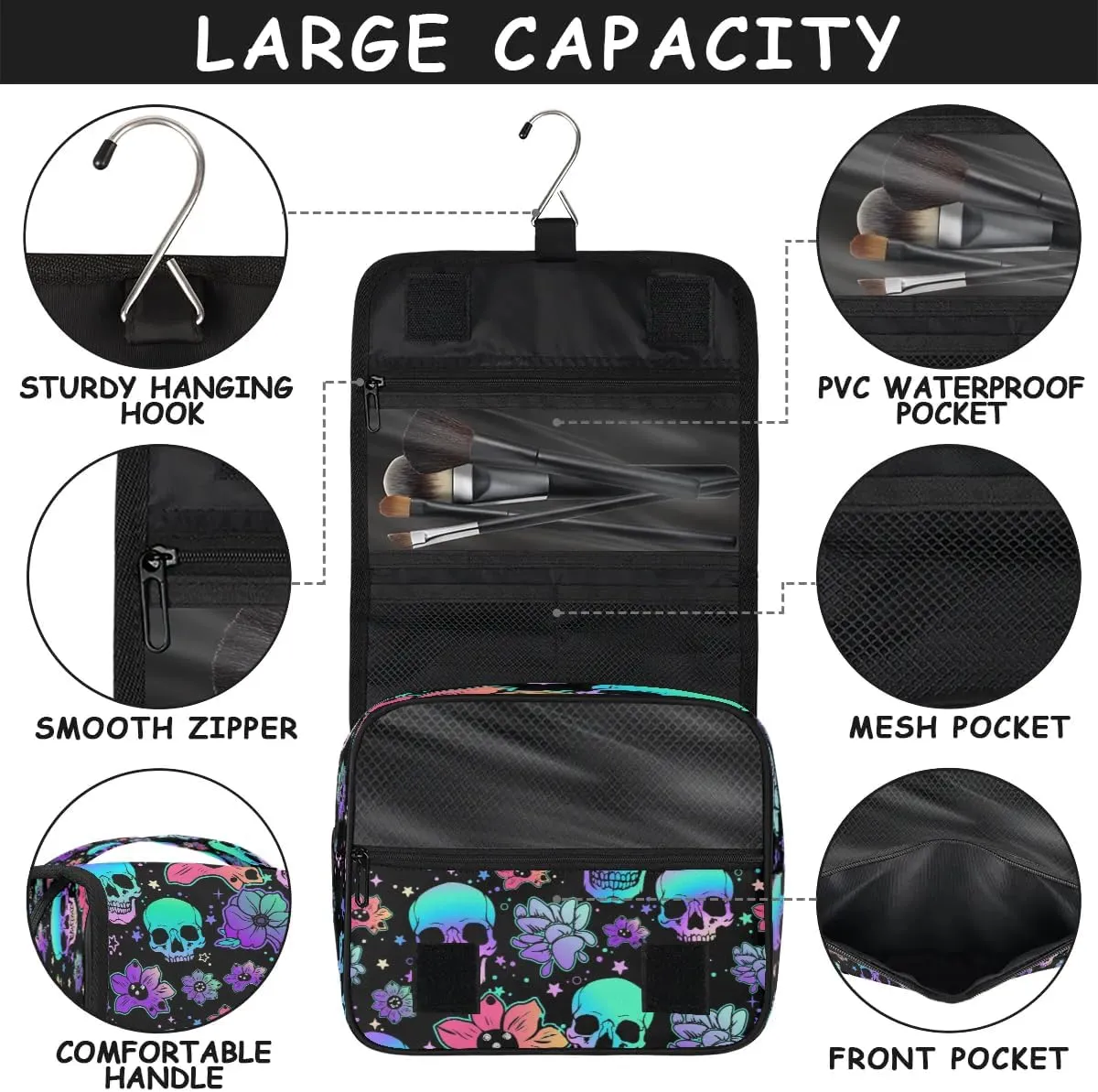 Funny Skulls Hanging Toiletry Bag, Spacious Travel Toiletry Bag for Women Men, Cosmetic Bags for Women, Travel Makeup Bag Suitable for Business, Camping, and Fitness