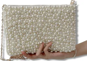 Geiomoo Pearl Purses with Chain, Luxury Glitter Crossbody Beaded Evening Shoulder Bag Sparkly Handbags for Women