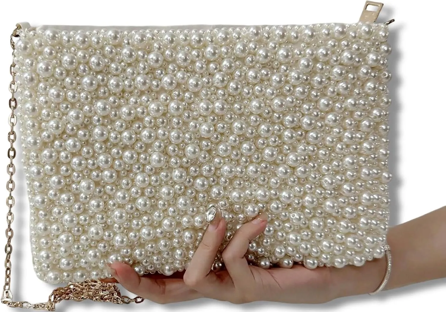 Geiomoo Pearl Purses with Chain, Luxury Glitter Crossbody Beaded Evening Shoulder Bag Sparkly Handbags for Women