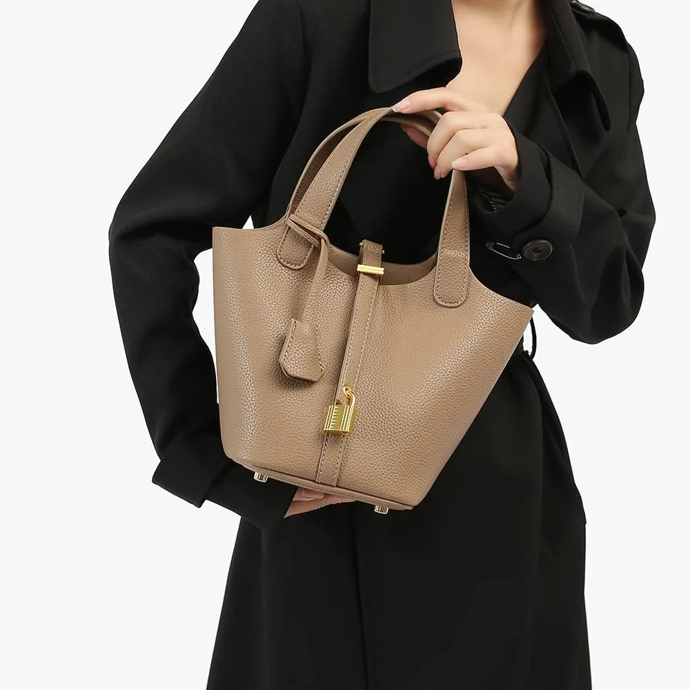 Genuine Leather Bucket Bag with Lock Closure, Vegetable Basket, Stylish and Versatile Shoulder bag, Spacious Tote Bag