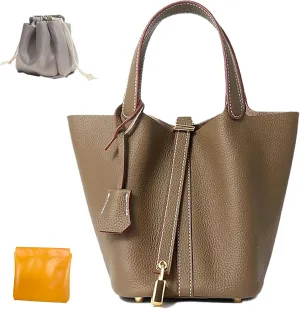 Genuine Leather Bucket Bag with Lock Closure, Vegetable Basket, Stylish and Versatile Shoulder bag, Spacious Tote Bag