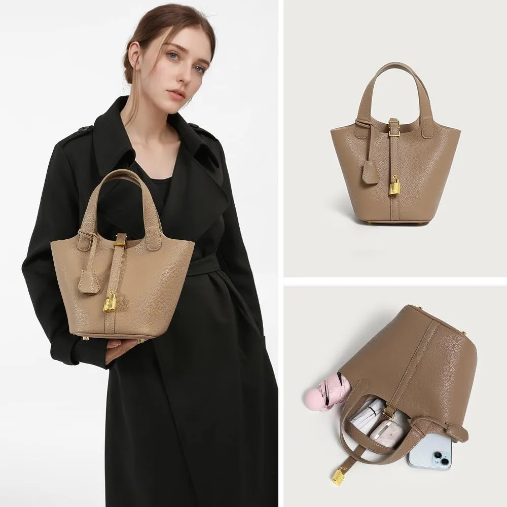 Genuine Leather Bucket Bag with Lock Closure, Vegetable Basket, Stylish and Versatile Shoulder bag, Spacious Tote Bag