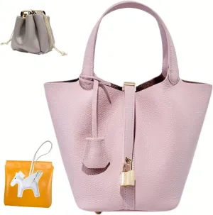 Genuine Leather Bucket Bag with Lock Closure, Vegetable Basket, Stylish and Versatile Shoulder bag, Spacious Tote Bag