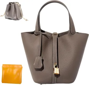 Genuine Leather Bucket Bag with Lock Closure, Vegetable Basket, Stylish and Versatile Shoulder bag, Spacious Tote Bag