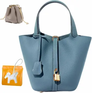 Genuine Leather Bucket Bag with Lock Closure, Vegetable Basket, Stylish and Versatile Shoulder bag, Spacious Tote Bag