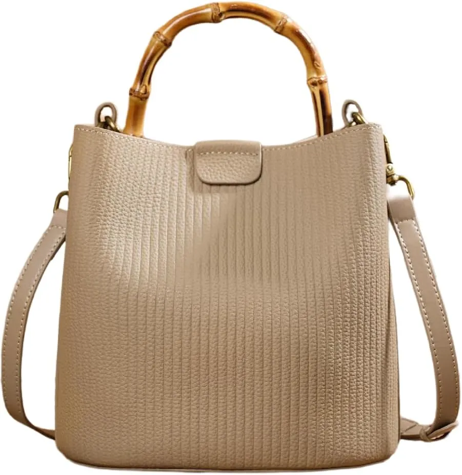 Genuine Leather Women Handbags Bamboo Handle Purses Shoulder Messenger Bucket Bag Luxury Small Portable Tote Bags