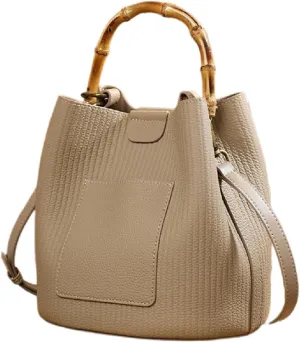 Genuine Leather Women Handbags Bamboo Handle Purses Shoulder Messenger Bucket Bag Luxury Small Portable Tote Bags