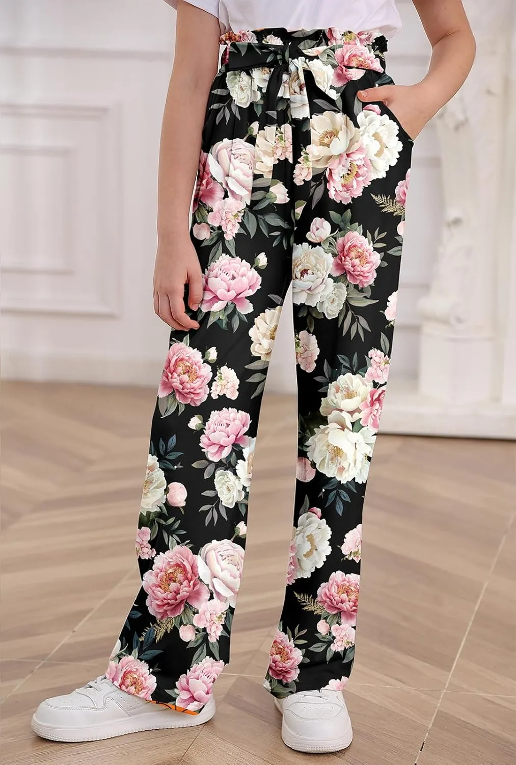 Girls Wide Leg Pants Casual Elastic Waist Self Tie Soft Comfortable with Pockets Lounge Pants Size 7-14