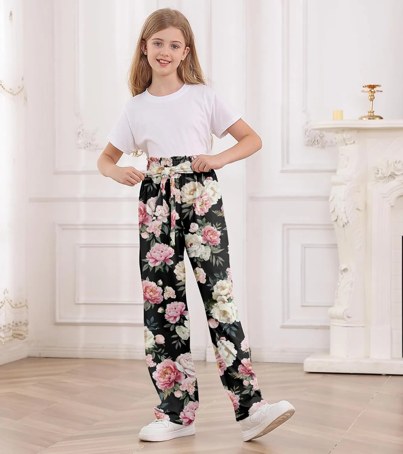 Girls Wide Leg Pants Casual Elastic Waist Self Tie Soft Comfortable with Pockets Lounge Pants Size 7-14