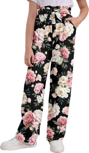 Girls Wide Leg Pants Casual Elastic Waist Self Tie Soft Comfortable with Pockets Lounge Pants Size 7-14