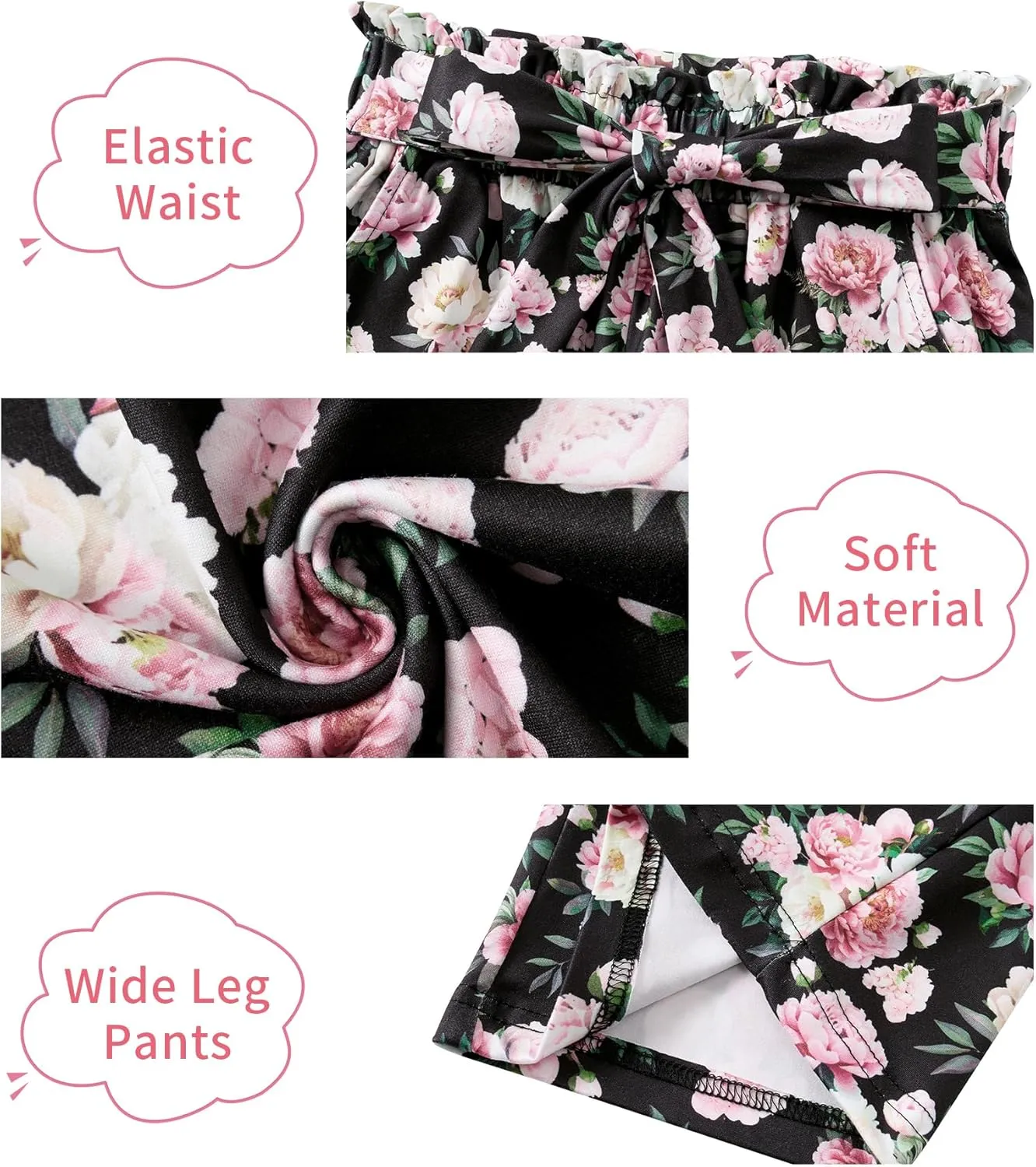Girls Wide Leg Pants Casual Elastic Waist Self Tie Soft Comfortable with Pockets Lounge Pants Size 7-14