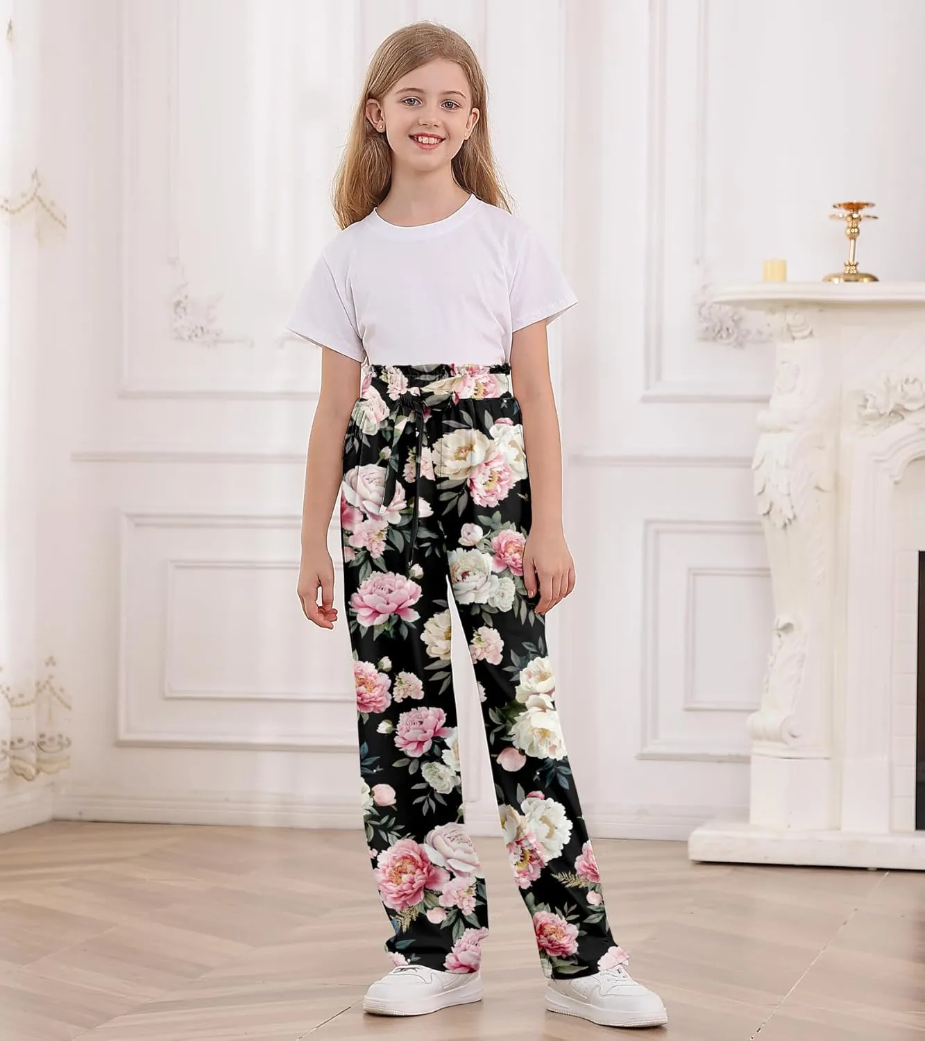 Girls Wide Leg Pants Casual Elastic Waist Self Tie Soft Comfortable with Pockets Lounge Pants Size 7-14