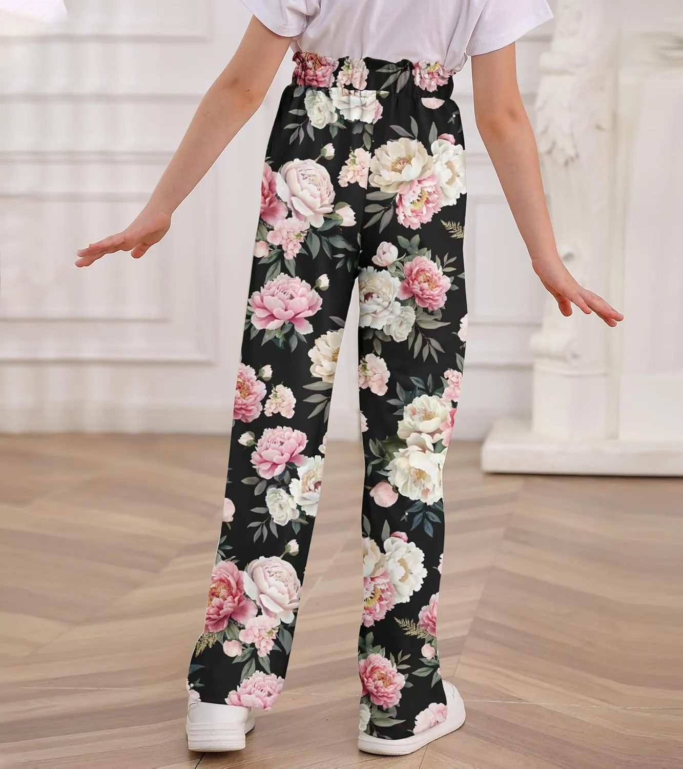 Girls Wide Leg Pants Casual Elastic Waist Self Tie Soft Comfortable with Pockets Lounge Pants Size 7-14