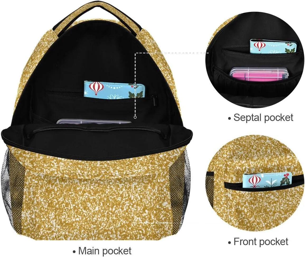 Gold Glitter School Backpack, Sturdy 18L Backpack for School Girls, Name Tag, Comfortable Wear, Easy Care, M