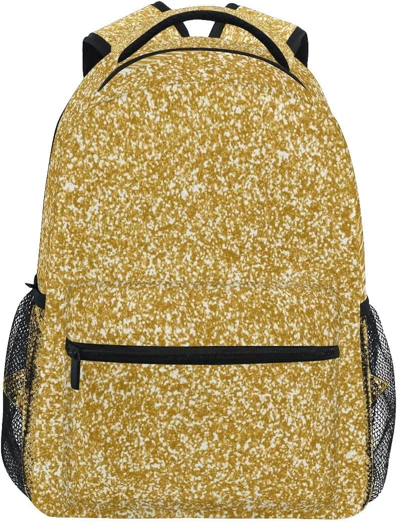 Gold Glitter School Backpack, Sturdy 18L Backpack for School Girls, Name Tag, Comfortable Wear, Easy Care, M
