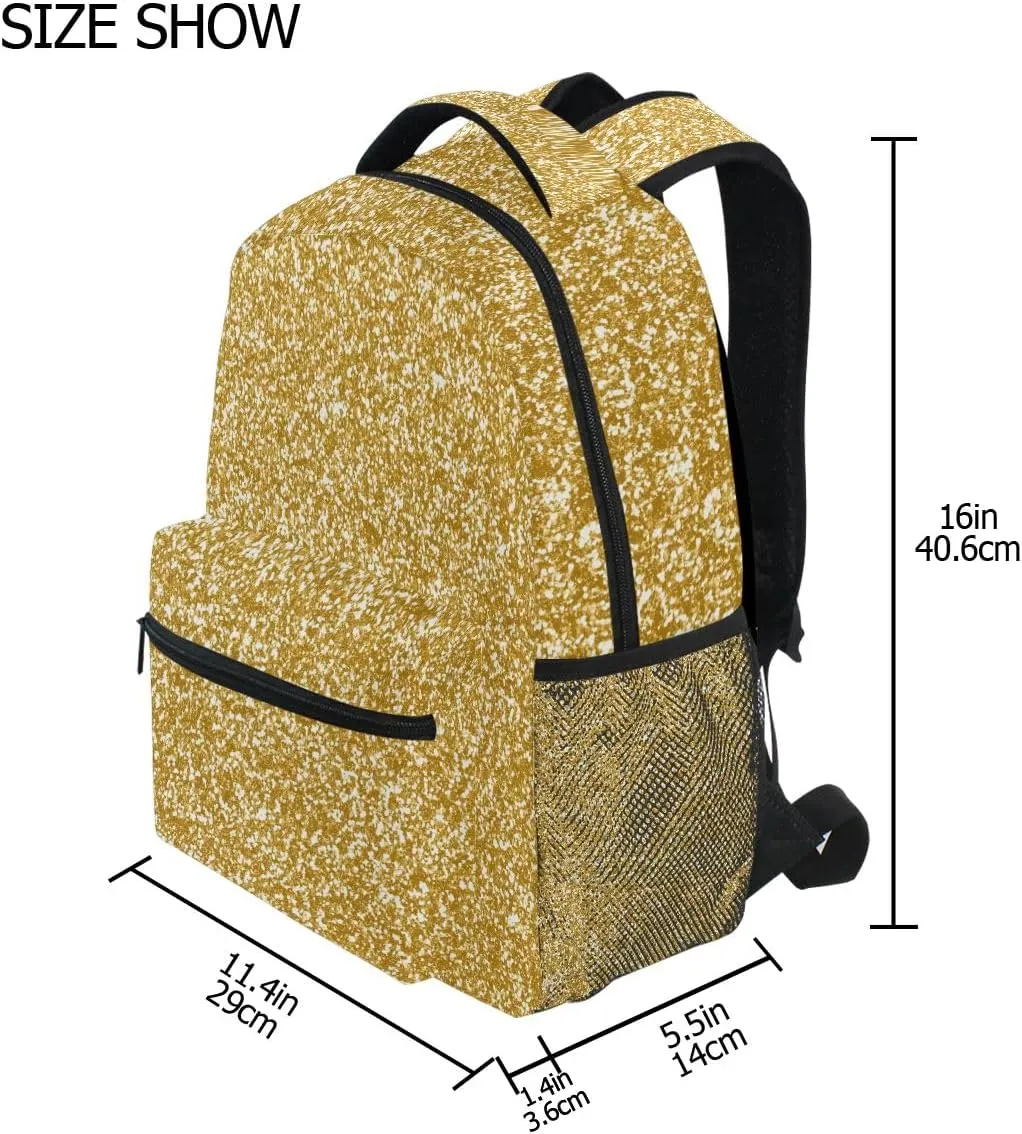 Gold Glitter School Backpack, Sturdy 18L Backpack for School Girls, Name Tag, Comfortable Wear, Easy Care, M
