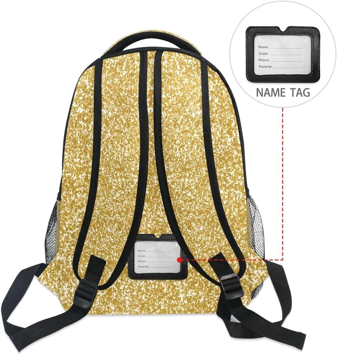 Gold Glitter School Backpack, Sturdy 18L Backpack for School Girls, Name Tag, Comfortable Wear, Easy Care, M
