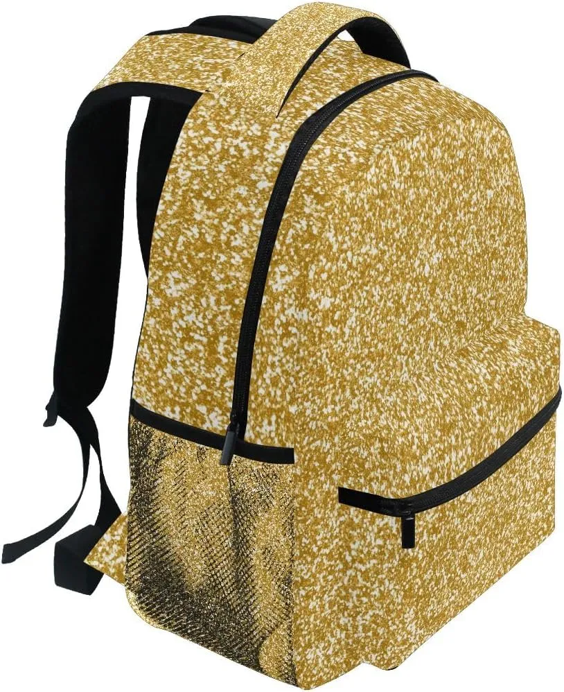 Gold Glitter School Backpack, Sturdy 18L Backpack for School Girls, Name Tag, Comfortable Wear, Easy Care, M