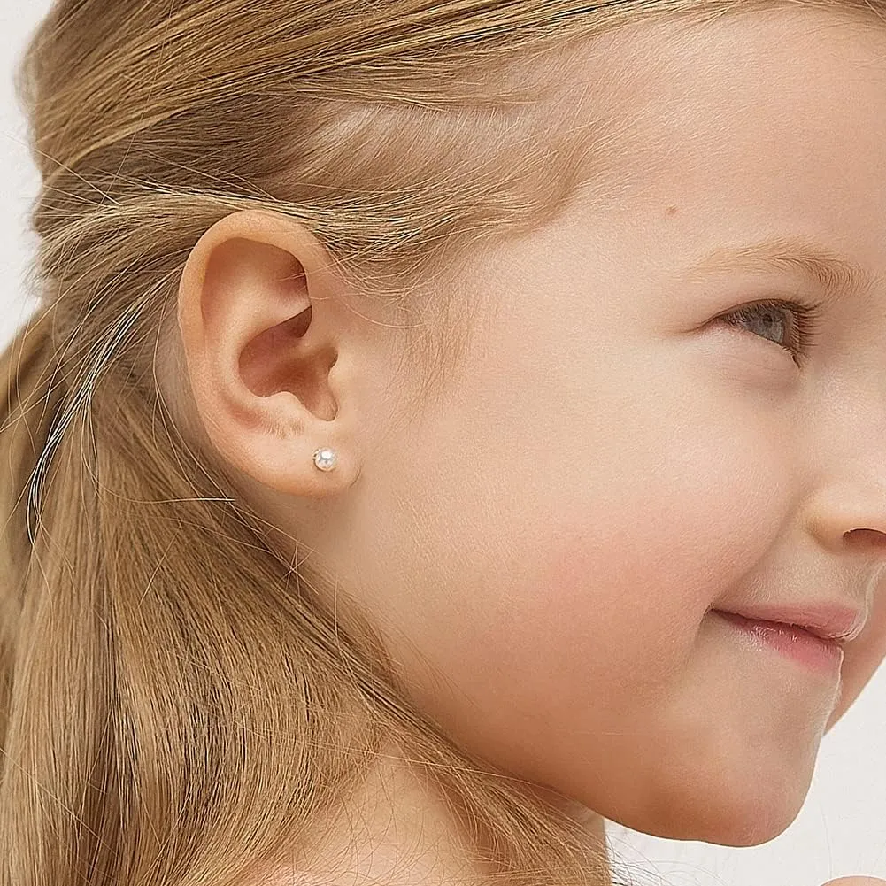 Gold Plated Classic White Simulated Pearl Safety Screw Back Earrings for Girls - Traditional White Simulated Pearl Earrings for Infants, Toddlers, and Little Girls