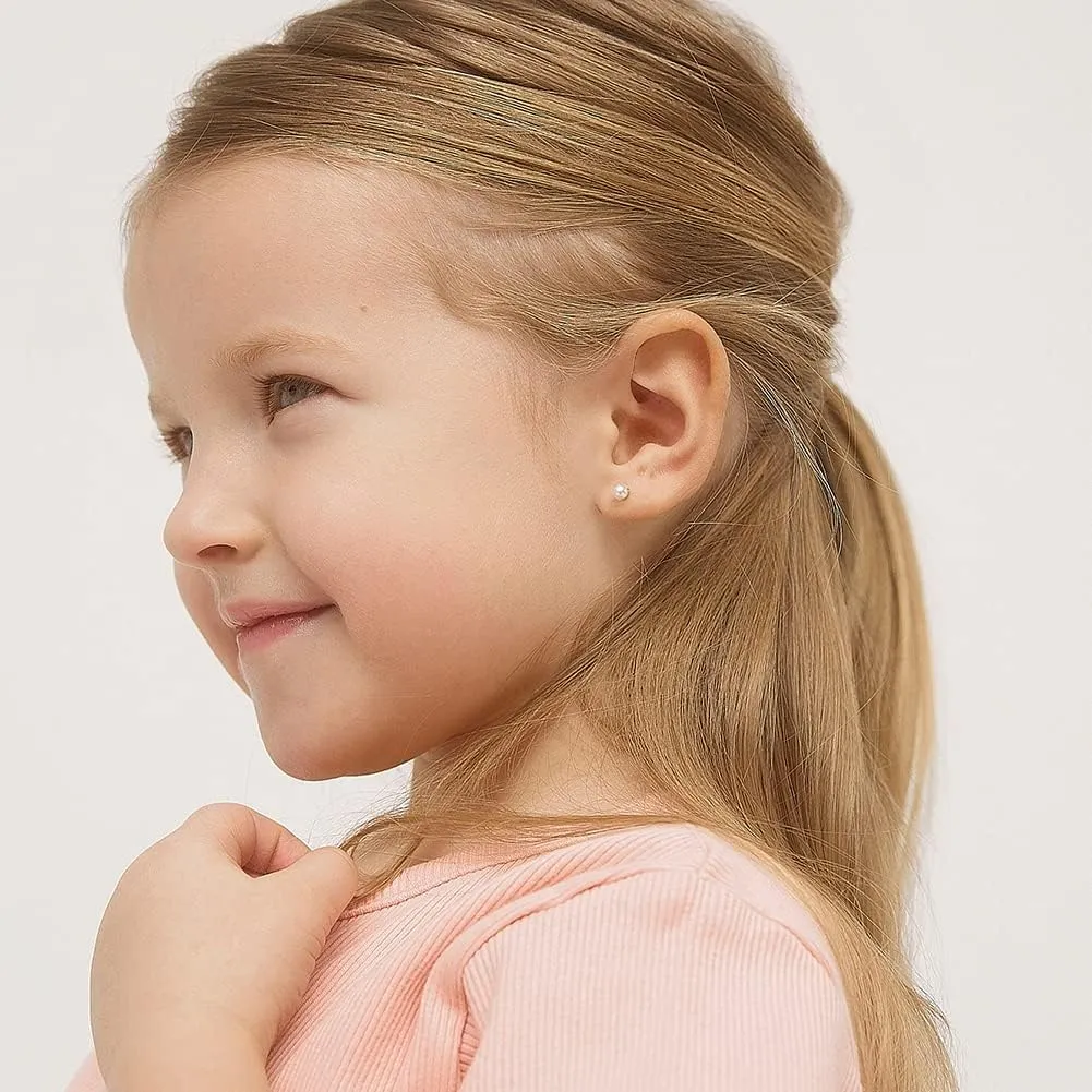 Gold Plated Classic White Simulated Pearl Safety Screw Back Earrings for Girls - Traditional White Simulated Pearl Earrings for Infants, Toddlers, and Little Girls
