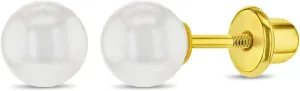 Gold Plated Classic White Simulated Pearl Safety Screw Back Earrings for Girls - Traditional White Simulated Pearl Earrings for Infants, Toddlers, and Little Girls
