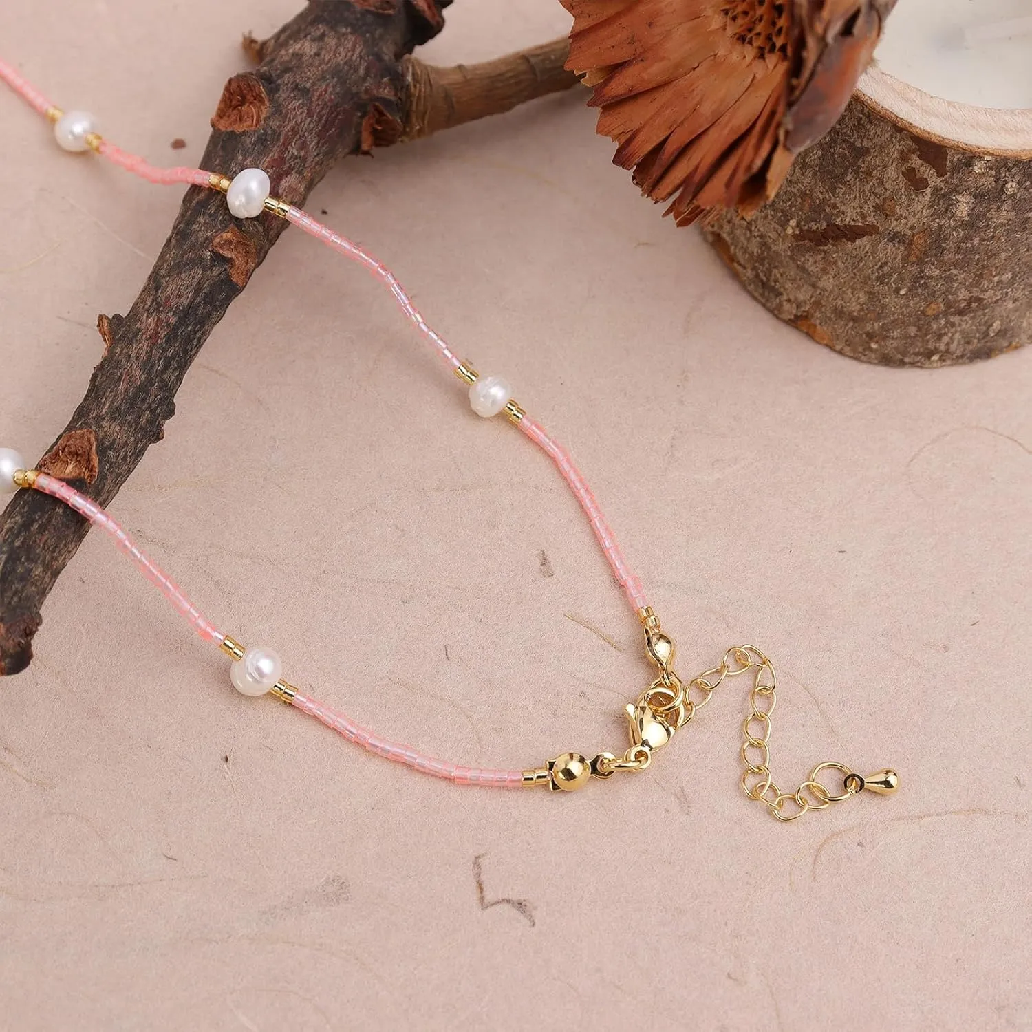 Gold Seed Beaded Necklaces for Women, Boho Handmade Adjustable Colorful Beads Choker Summer Beach Jewelry Gift.