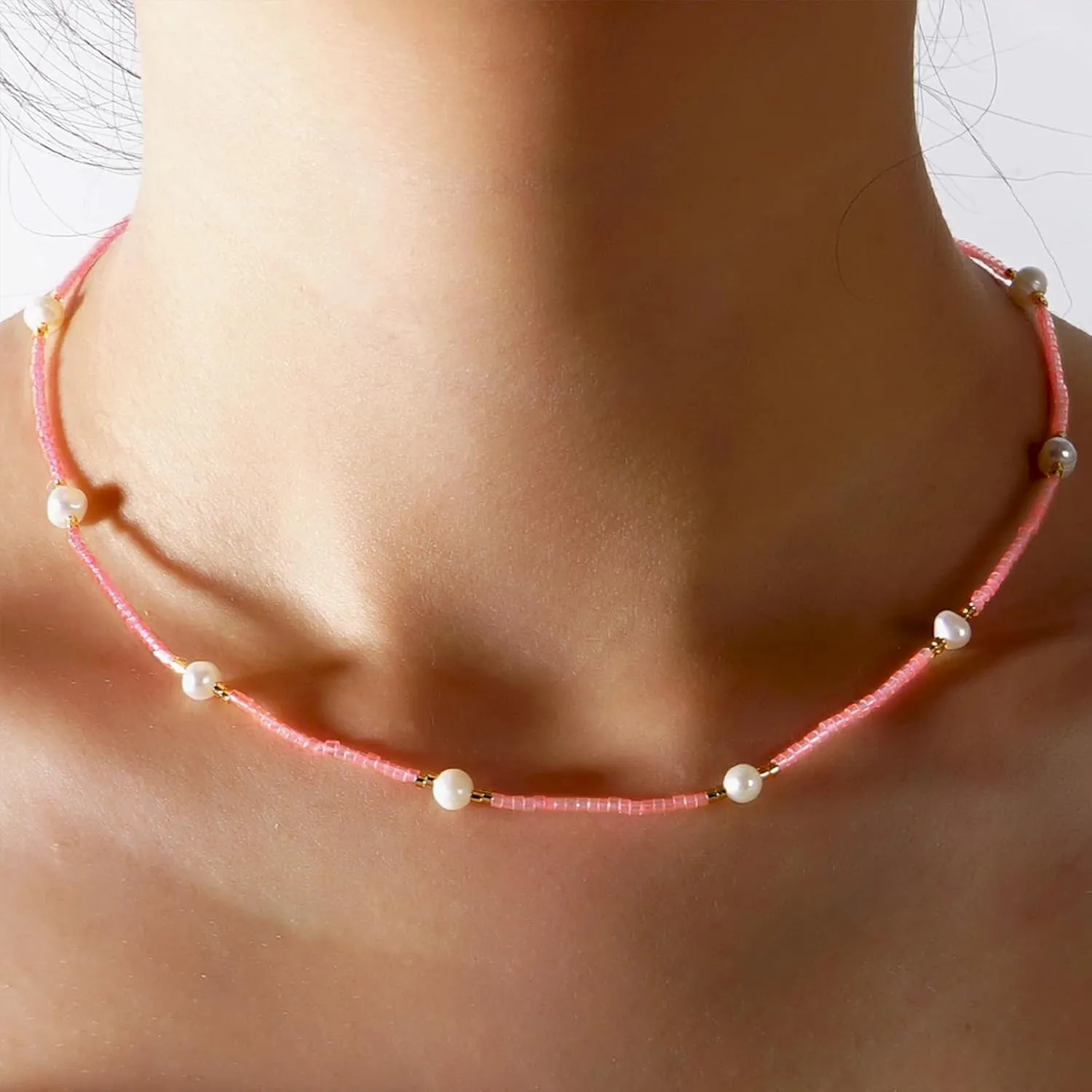 Gold Seed Beaded Necklaces for Women, Boho Handmade Adjustable Colorful Beads Choker Summer Beach Jewelry Gift.