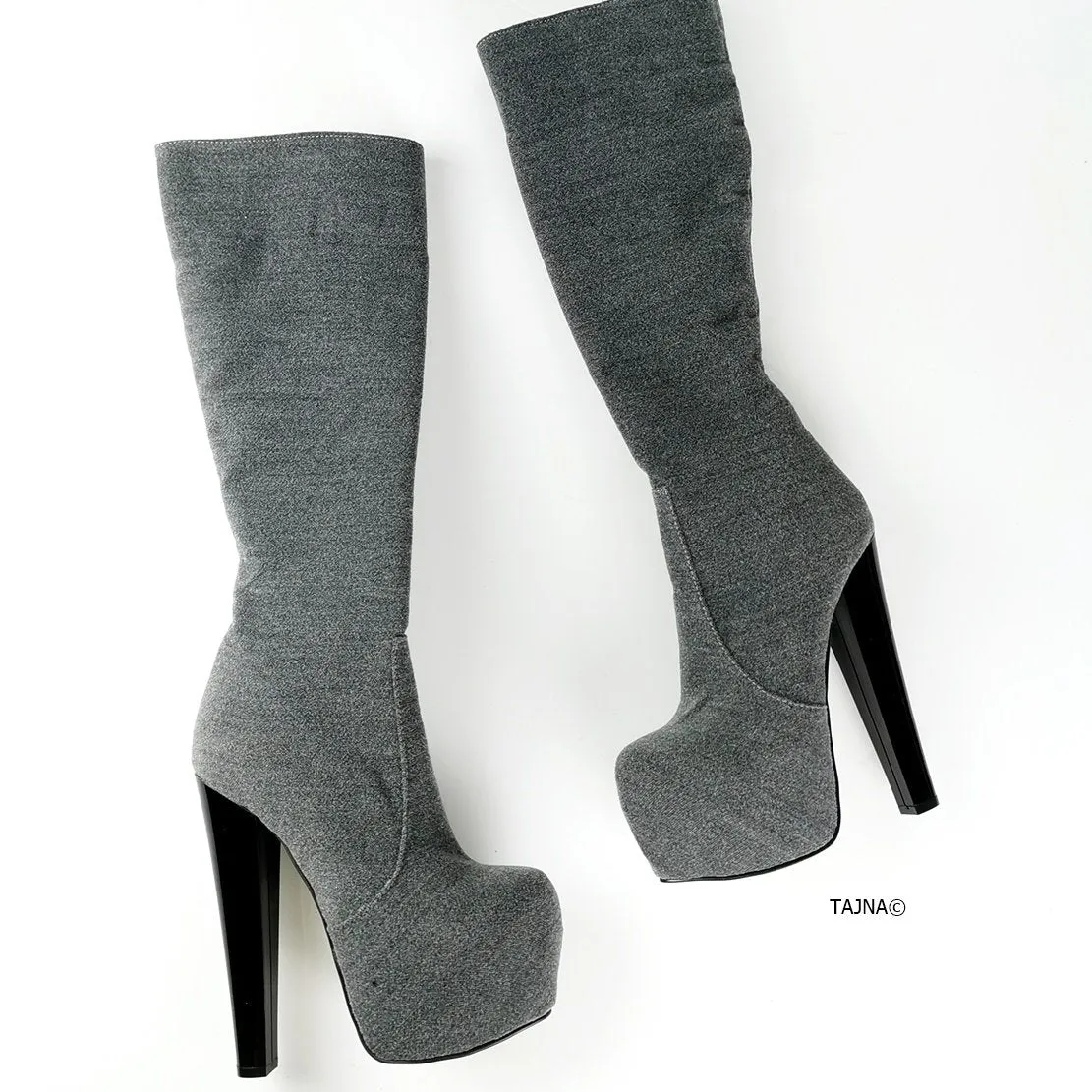 Gray  Chunky Heel Midcalf Boots