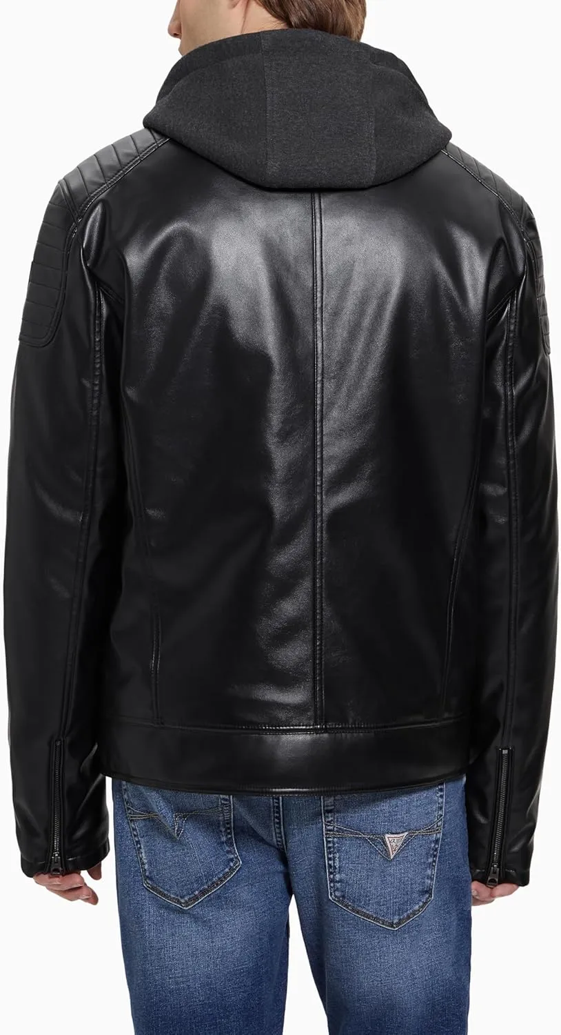 GUESS Men's Alexander Hooded Faux Leather Jacket