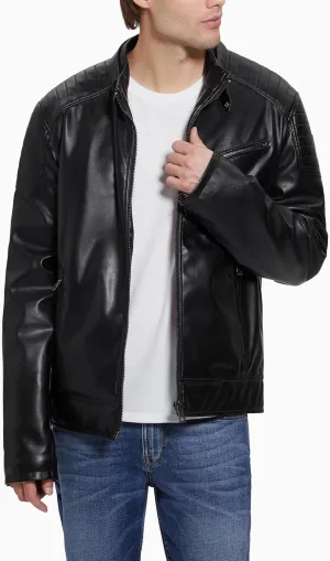 GUESS Men's Alexander Hooded Faux Leather Jacket