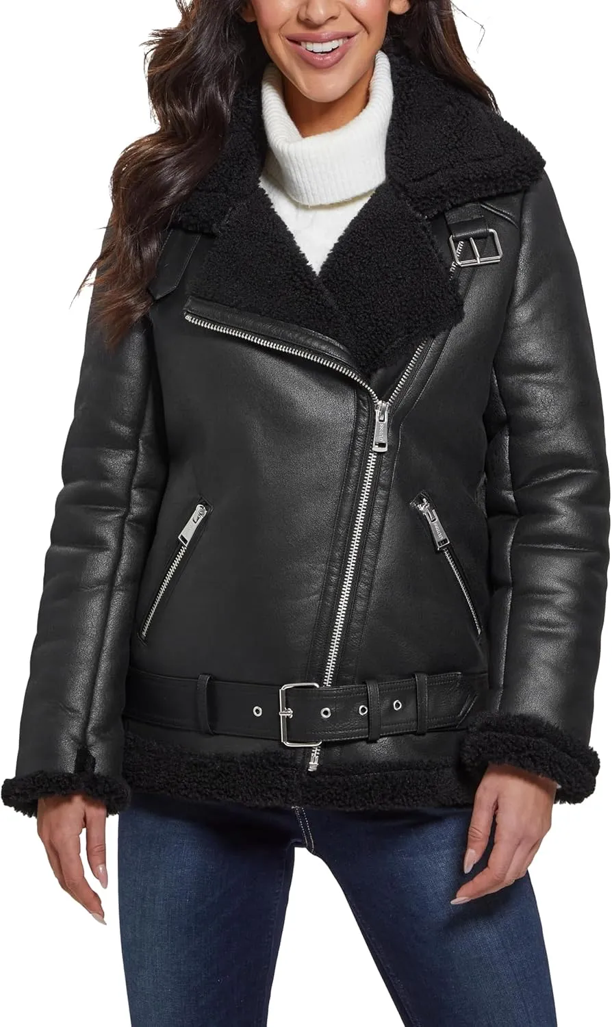 GUESS Women's Lena Belted Faux Shearling