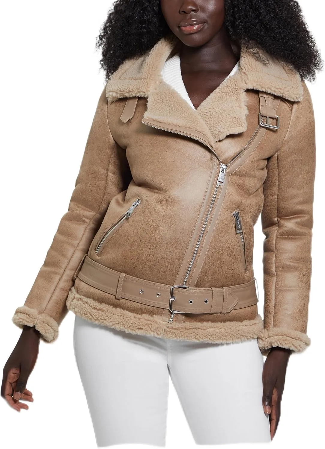 GUESS Women's Lena Belted Faux Shearling