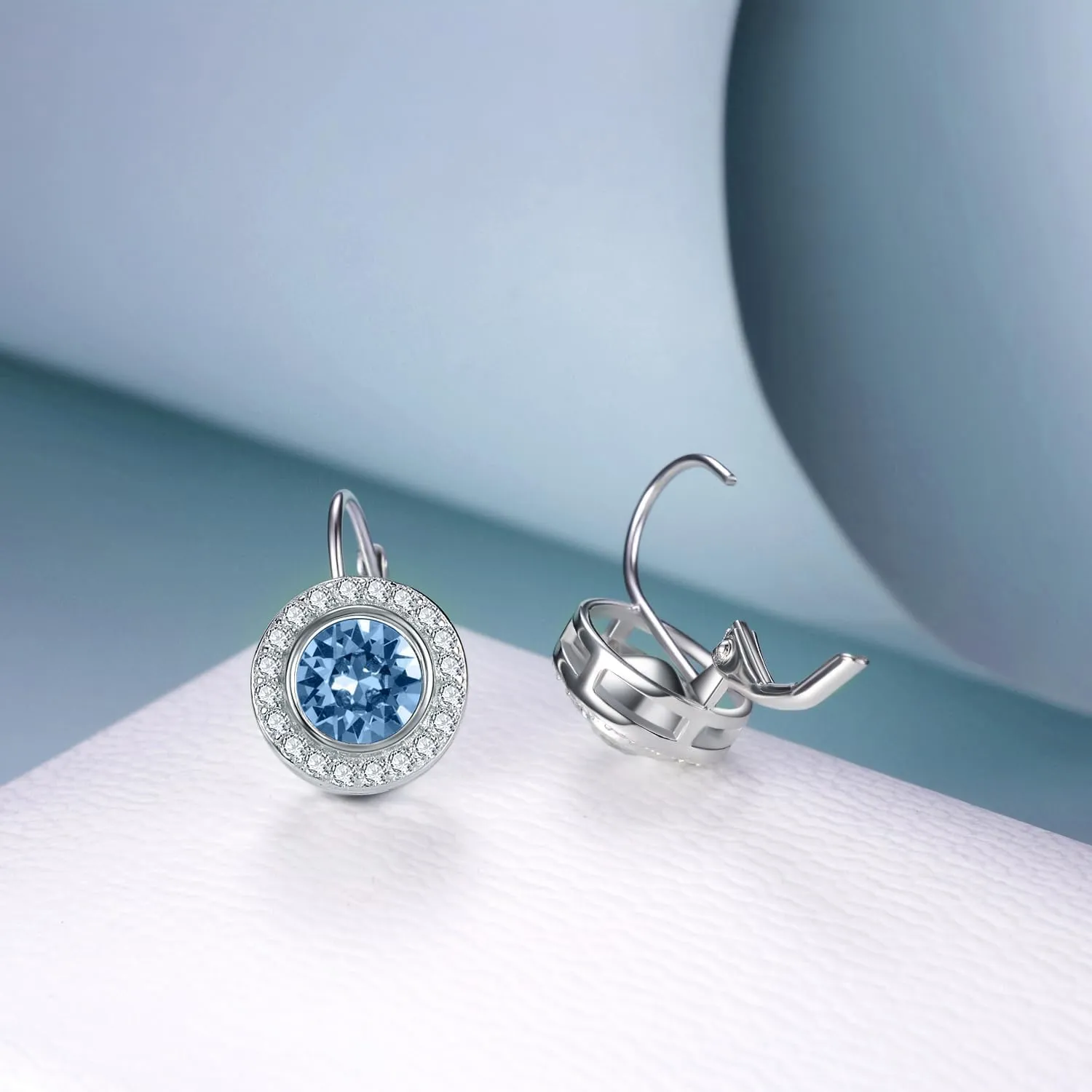 Halo Earrings 925 Sterling Silver Classic Round Cut Halo Leverback Earrings with Birthstone Crystal from Austria, Birthday Jewelry Gifts for Women