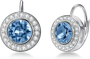 Halo Earrings 925 Sterling Silver Classic Round Cut Halo Leverback Earrings with Birthstone Crystal from Austria, Birthday Jewelry Gifts for Women