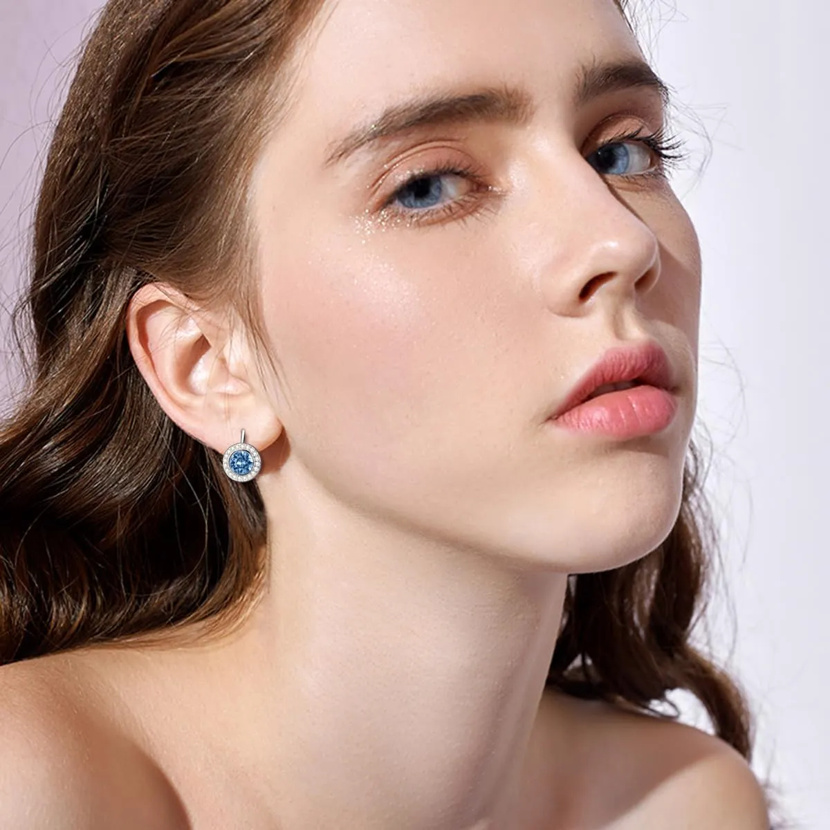 Halo Earrings 925 Sterling Silver Classic Round Cut Halo Leverback Earrings with Birthstone Crystal from Austria, Birthday Jewelry Gifts for Women