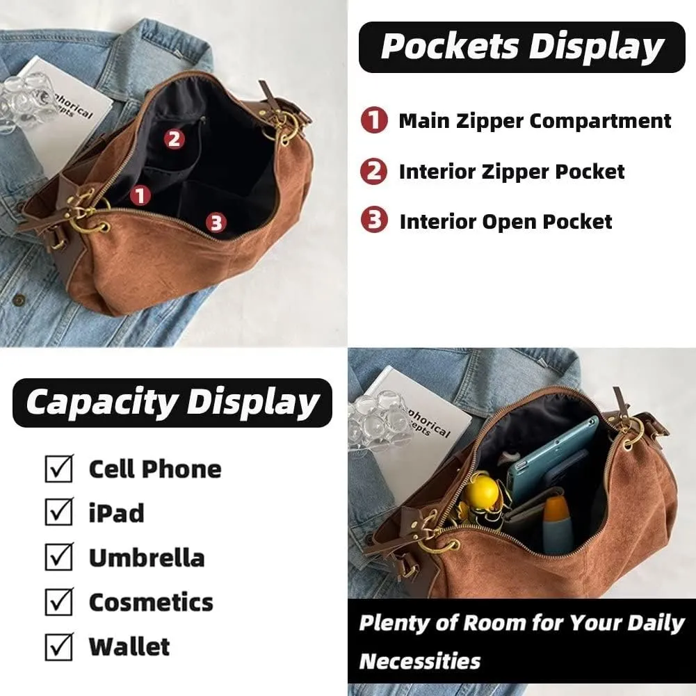 Handbags for Women Soft Suede Shoulder Tote Bag Casual Hobo Crossbody Purse Vintage Spacious Top Handle Satchel Bags