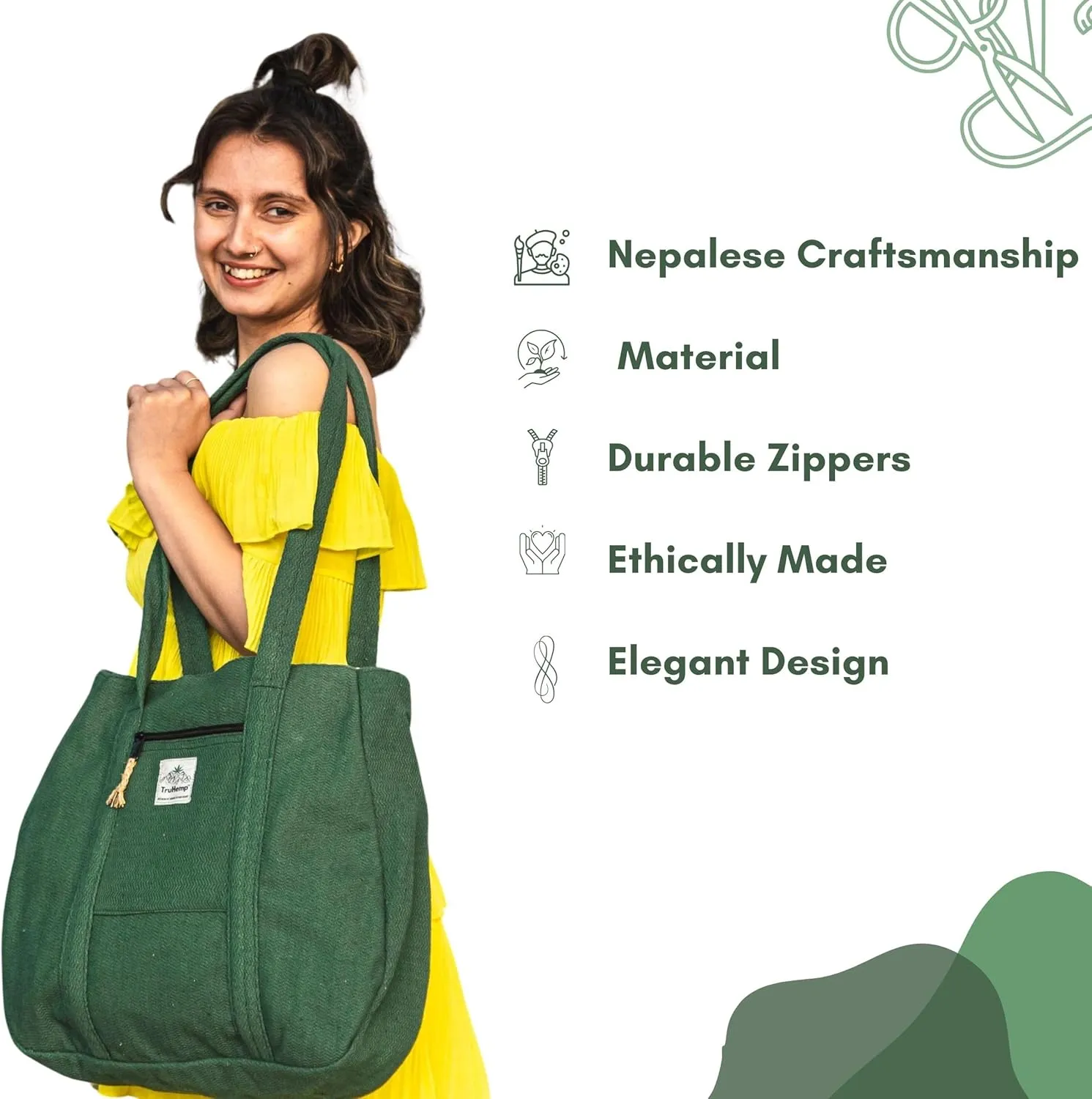 Hemp Shopping Tote Bag with Dual Zippered Compartments | Spacious Eco Market Bag with Cotton Lining | 10L Capacity