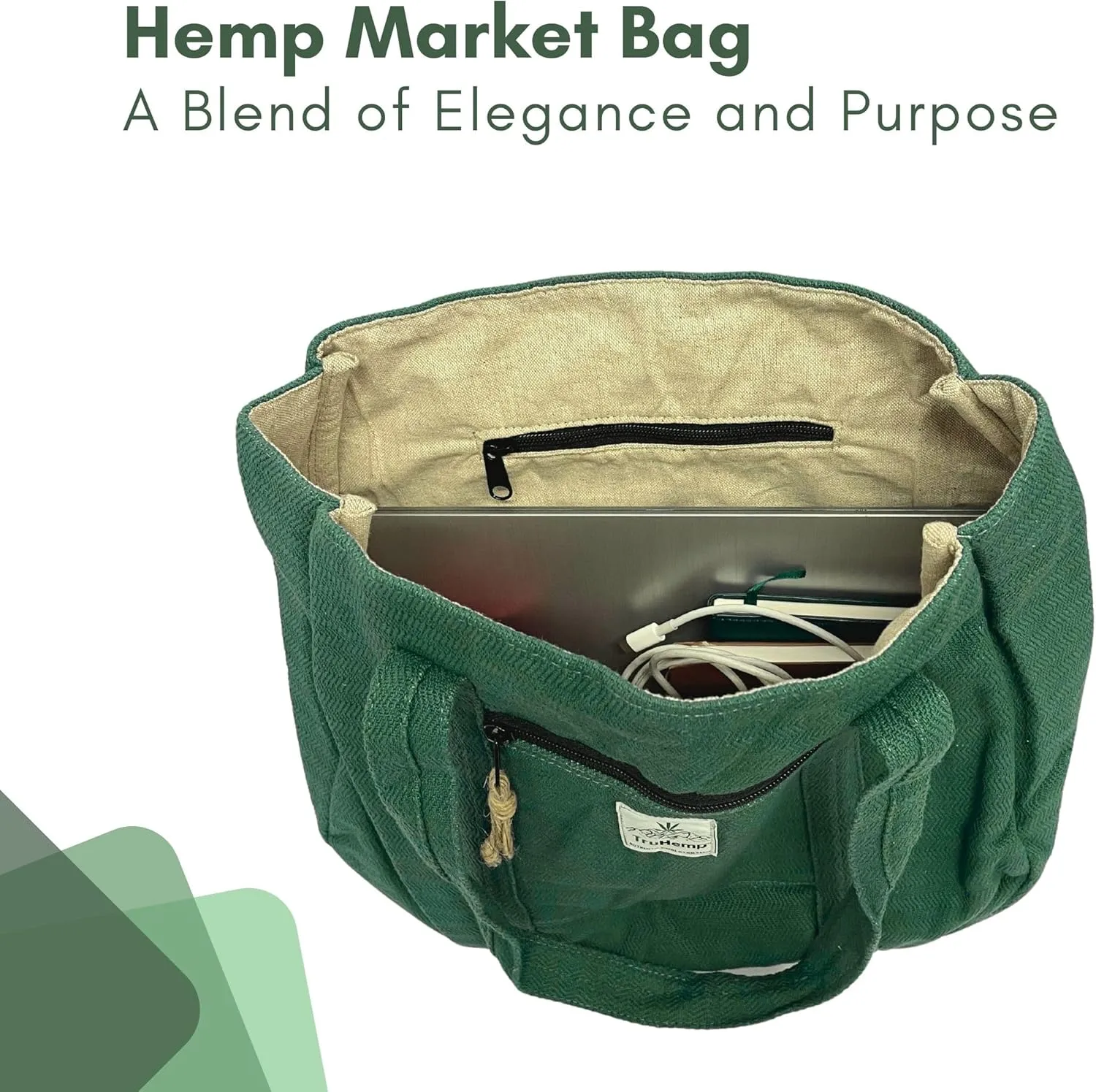 Hemp Shopping Tote Bag with Dual Zippered Compartments | Spacious Eco Market Bag with Cotton Lining | 10L Capacity