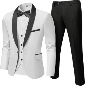 Hihawk Men's 3 Piece Slim Fit Solid Tuxedo with Stretch Fabric, One Button Shawl Collar Jacket Vest Pants with Bow Tie