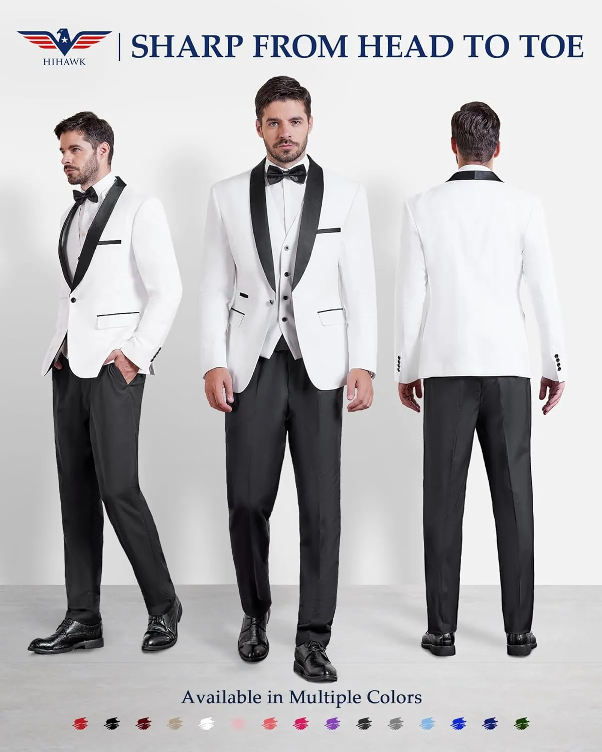 Hihawk Men's 3 Piece Slim Fit Solid Tuxedo with Stretch Fabric, One Button Shawl Collar Jacket Vest Pants with Bow Tie