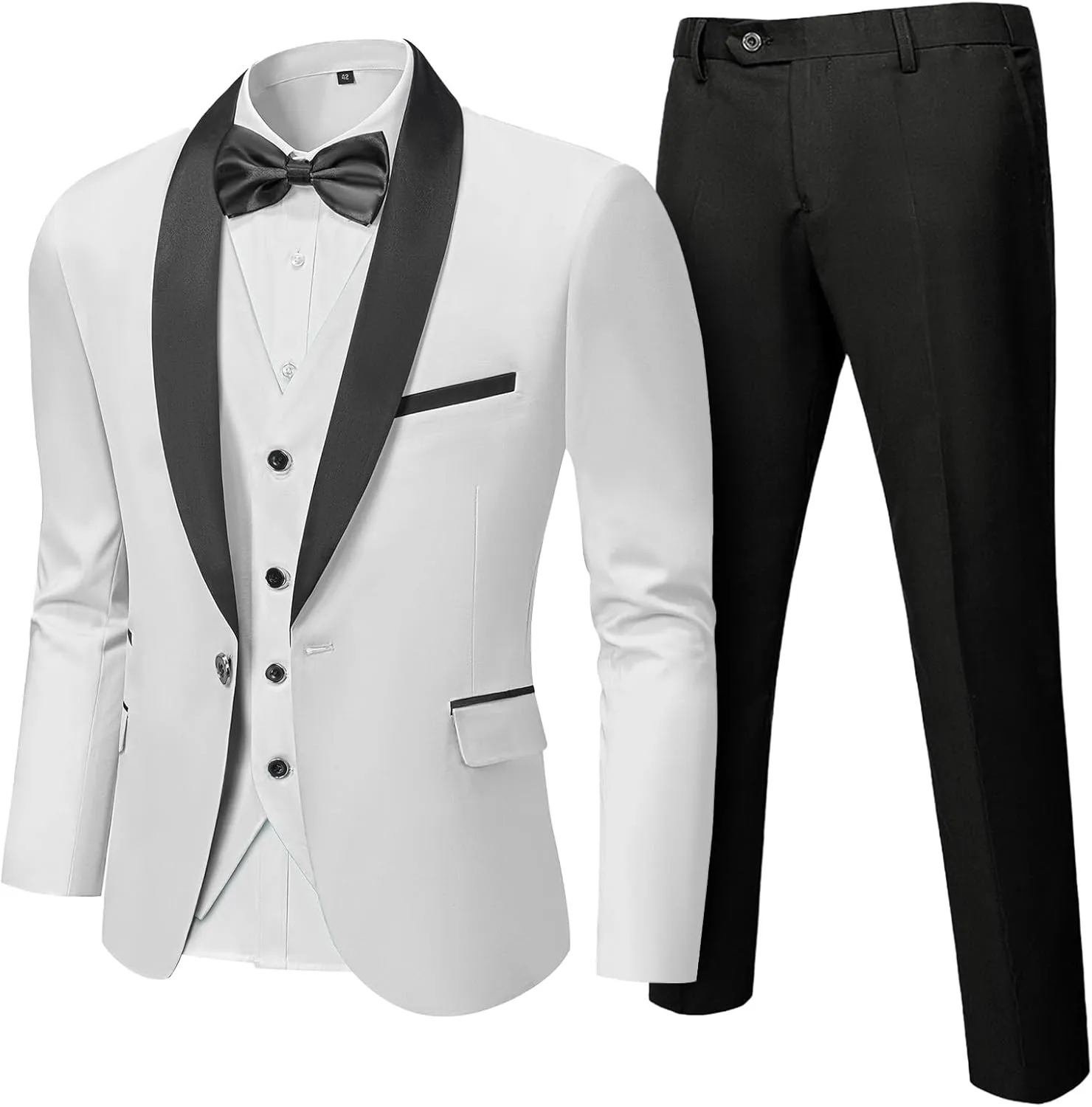 Hihawk Men's 3 Piece Slim Fit Solid Tuxedo with Stretch Fabric, One Button Shawl Collar Jacket Vest Pants with Bow Tie