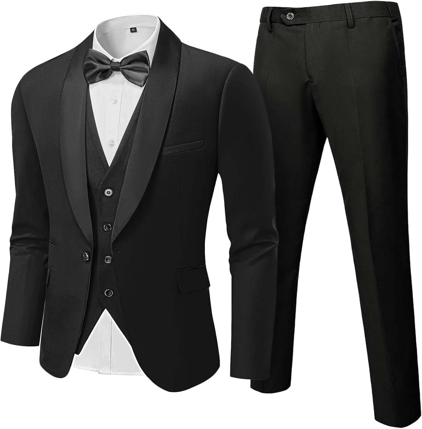 Hihawk Men's 3 Piece Slim Fit Solid Tuxedo with Stretch Fabric, One Button Shawl Collar Jacket Vest Pants with Bow Tie