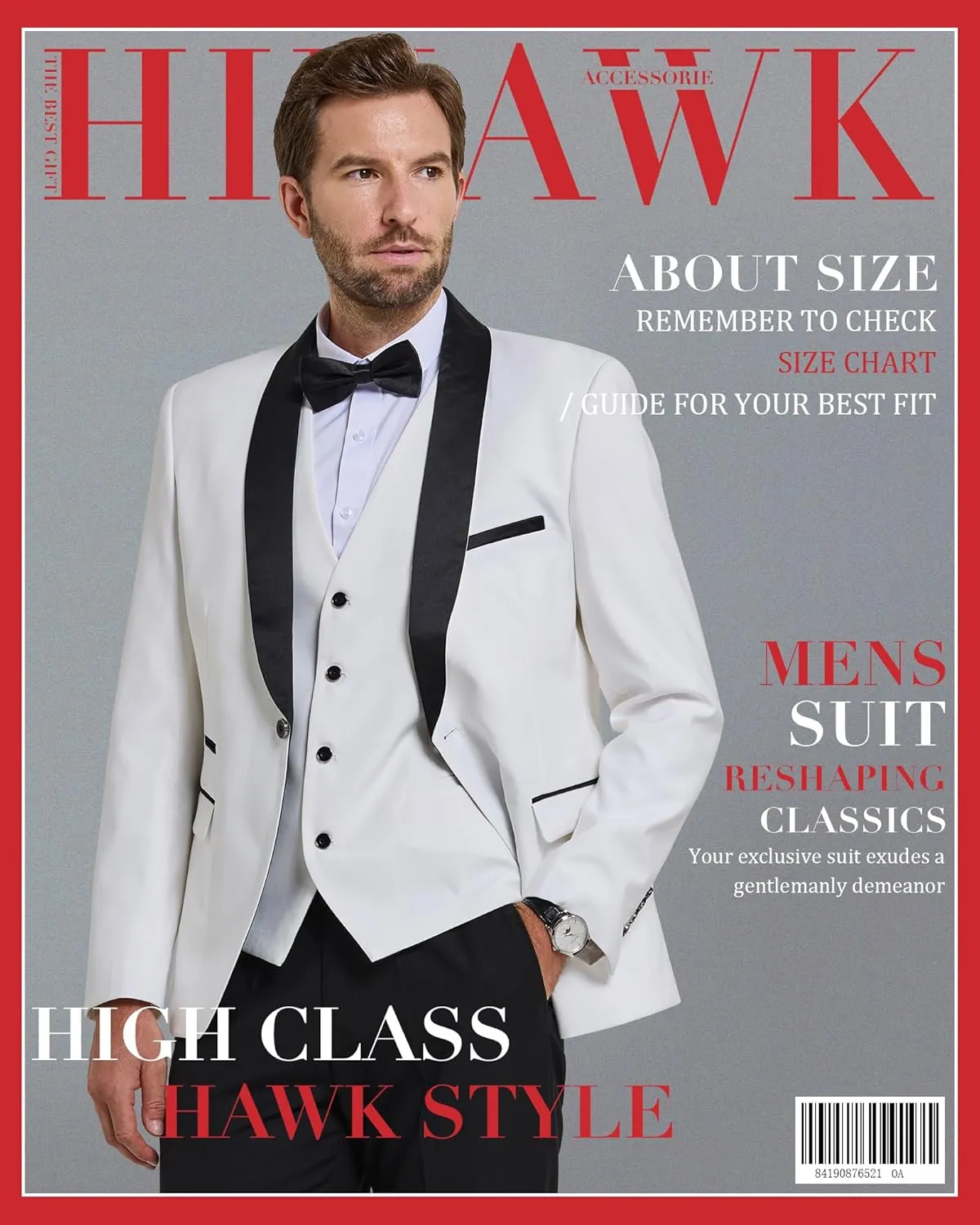 Hihawk Men's 3 Piece Slim Fit Solid Tuxedo with Stretch Fabric, One Button Shawl Collar Jacket Vest Pants with Bow Tie