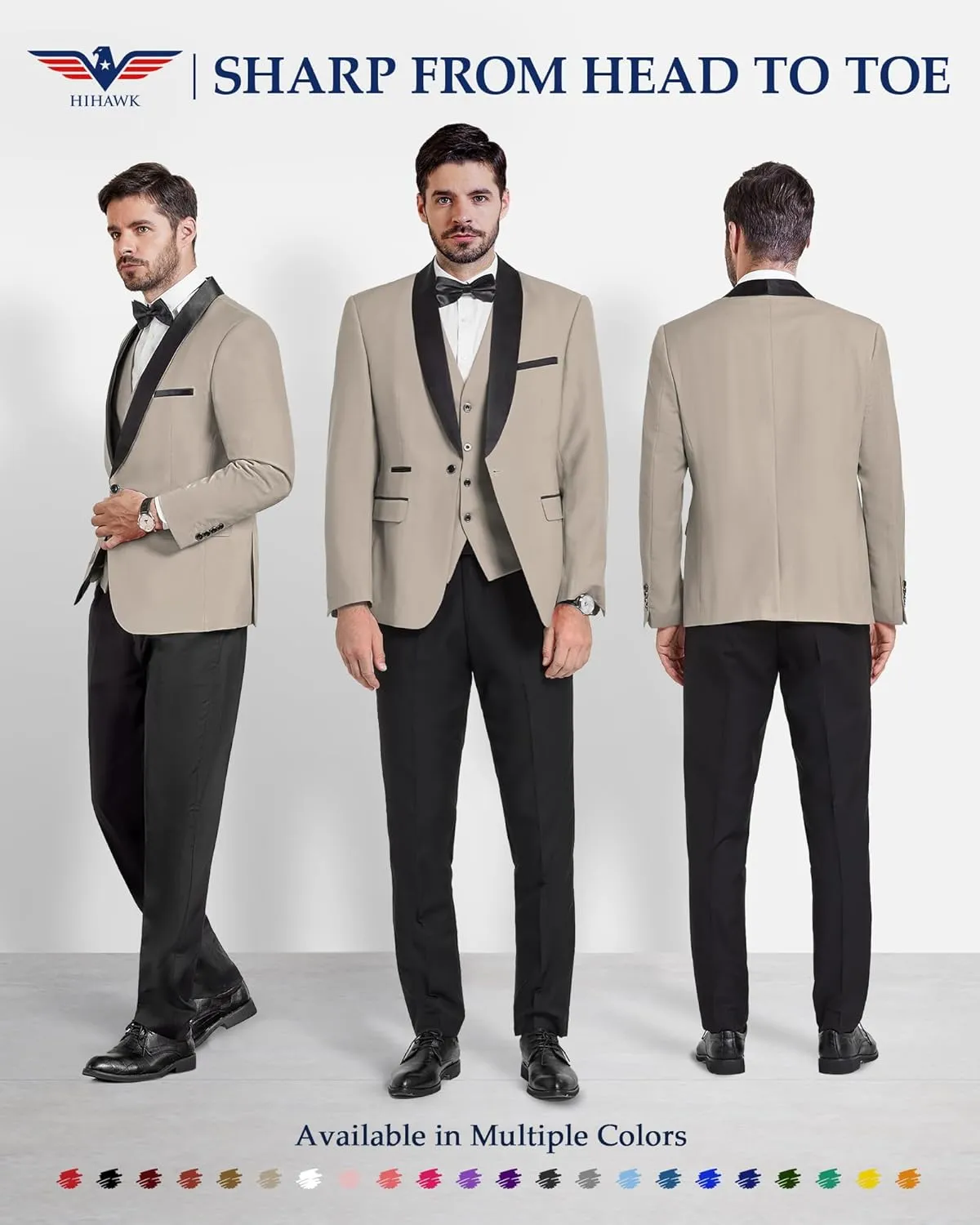 Hihawk Men's 3 Piece Slim Fit Solid Tuxedo with Stretch Fabric, One Button Shawl Collar Jacket Vest Pants with Bow Tie