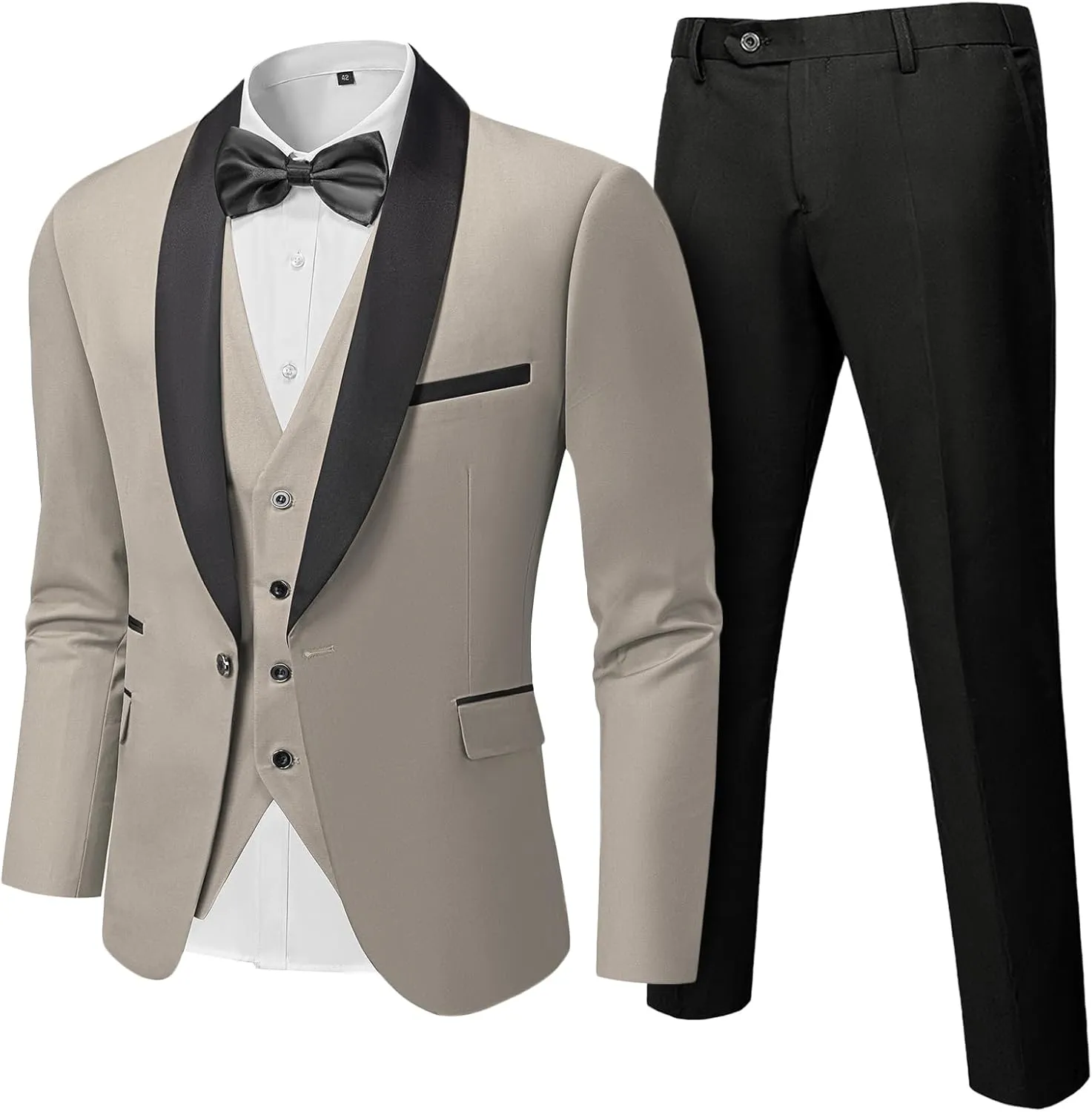 Hihawk Men's 3 Piece Slim Fit Solid Tuxedo with Stretch Fabric, One Button Shawl Collar Jacket Vest Pants with Bow Tie