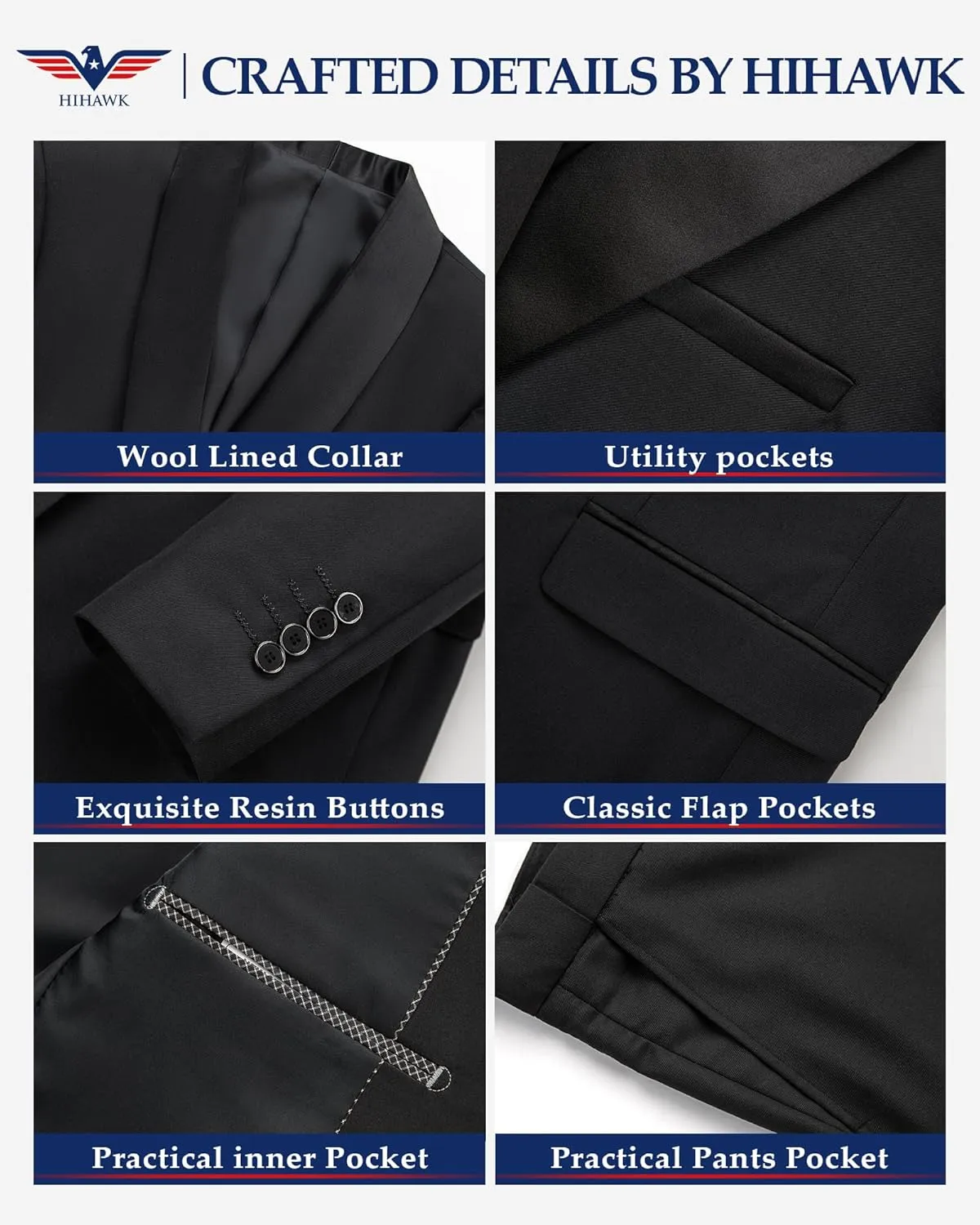 Hihawk Men's 3 Piece Slim Fit Solid Tuxedo with Stretch Fabric, One Button Shawl Collar Jacket Vest Pants with Bow Tie