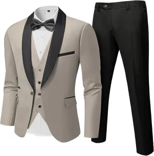 Hihawk Men's 3 Piece Slim Fit Solid Tuxedo with Stretch Fabric, One Button Shawl Collar Jacket Vest Pants with Bow Tie